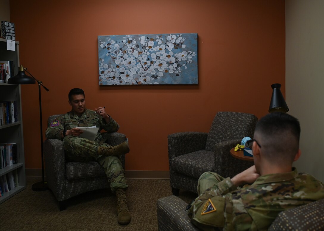 SrA Daniel Quijas, 30th Medical Group mental health technician and executive assistant, talks to a patient at Vandenberg Space Force Base, Calif., April 13, 2022. (U.S. Space Force photo by Airman 1st Class Tiarra Sibley)
