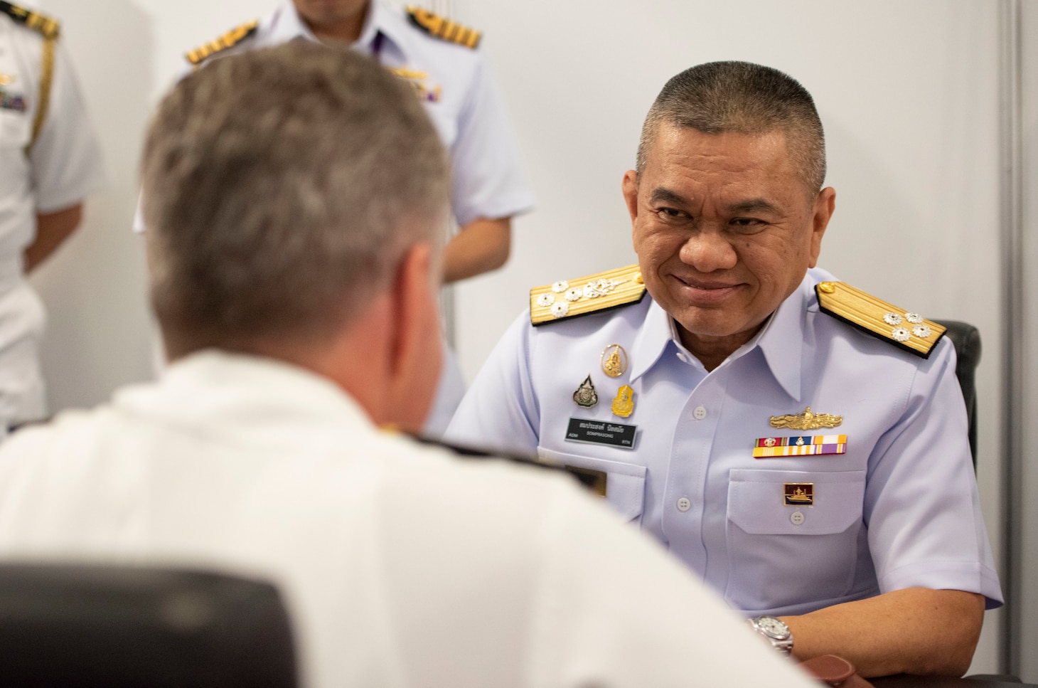 Adm. Samuel Paparo, Commander, U.S. Pacific Fleet, conducts a bilateral engagement with Royal Thai Navy Adm. Somprasong Nilsamai.