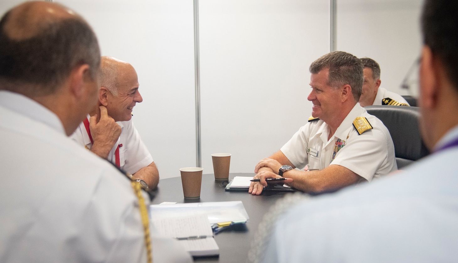 Adm. Samuel Paparo, Commander, U.S. Pacific Fleet, conducts a bilateral engagement with Chilean Navy Adm. Juan Andrés de la Maza Larrain.
