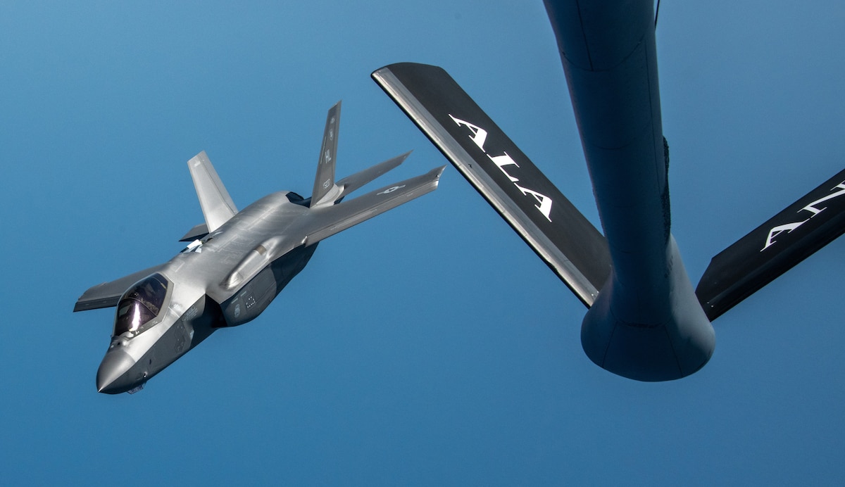 An F-35A Lightning II from the 419th Fighter Wing at Hill Air Force Base, Utah receives fuel from a KC-135 Stratotanker assigned to the 117th Air Refueling Wing, Alabama Air National Guard, over the Georgia coast