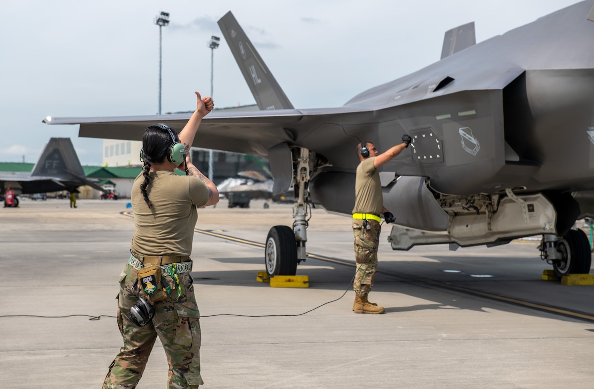 Reservists from the 419th Fighter Wing prepare an F-35A Lightning II fighter jet for takeoff May 4, 2022, at the Air Dominance Center in Savannah, Georgia.