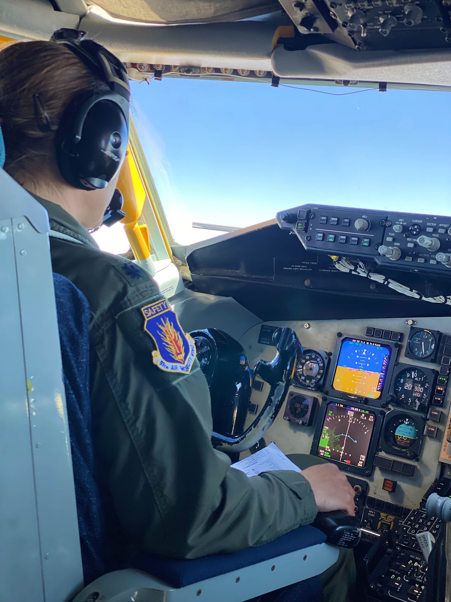 U.S. Air Force Lt. Col. Sarah Bulinski, 97th Air Mobility Wing chief of safety, flies a KC-135 Stratotanker, April 28, 2022. The KC-135’s all-female aircrew showcased the aircraft at the Dyess Air Force Base, Texas, Women’s Summit alongside aircraft from multiple other bases and units. (Courtesy photo)