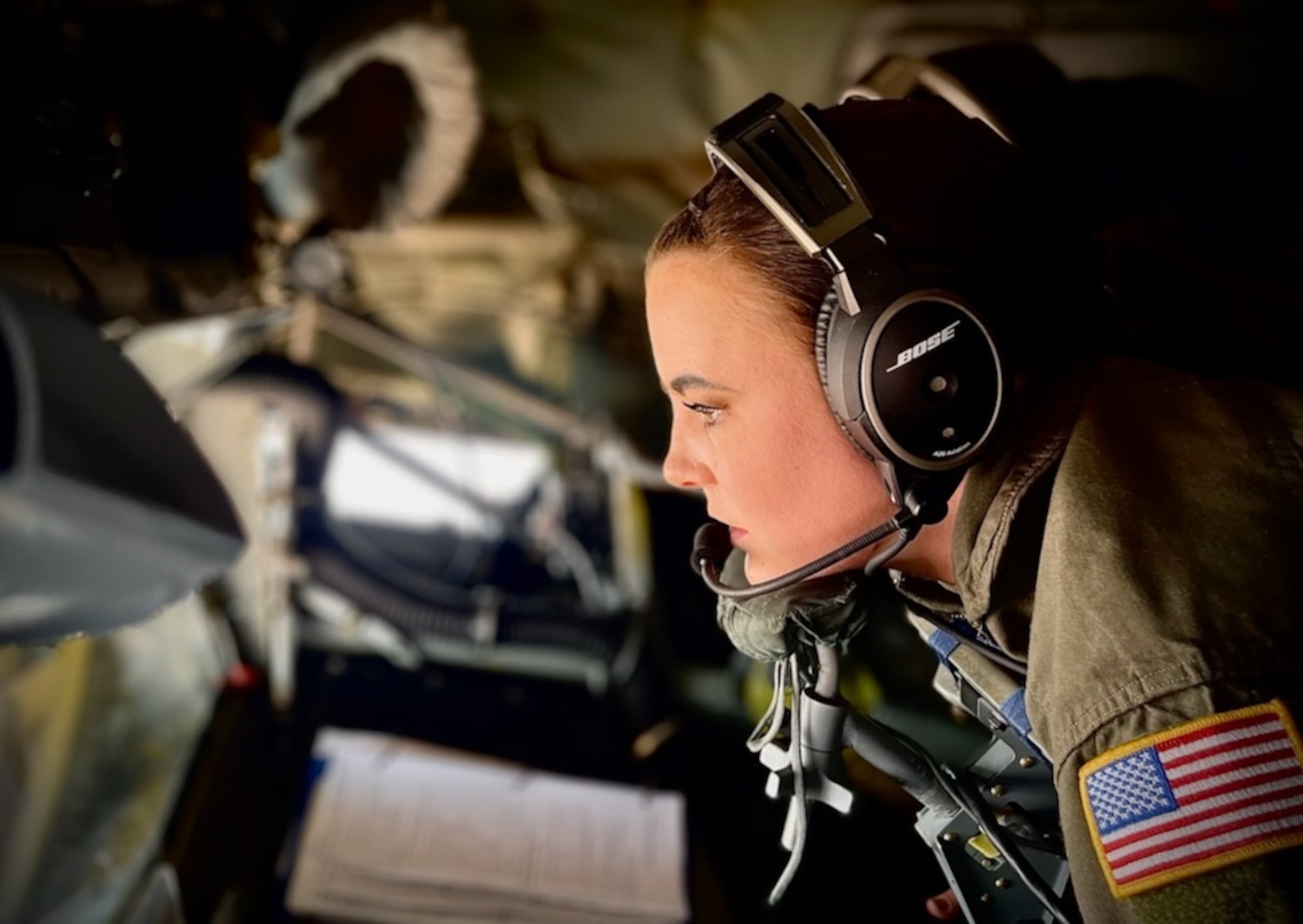 U.S. Air Force Staff Sgt. Ashley Upton, 56th Air Refueling Squadron boom operator instructor, refuels a KC-46 Pegasus, April 28, 2022. Upton attended the Dyess Air Force Base, Texas, Women’s Summit to connect with other female aviators and teach future potential Airmen about boom operators. (Courtesy photo)