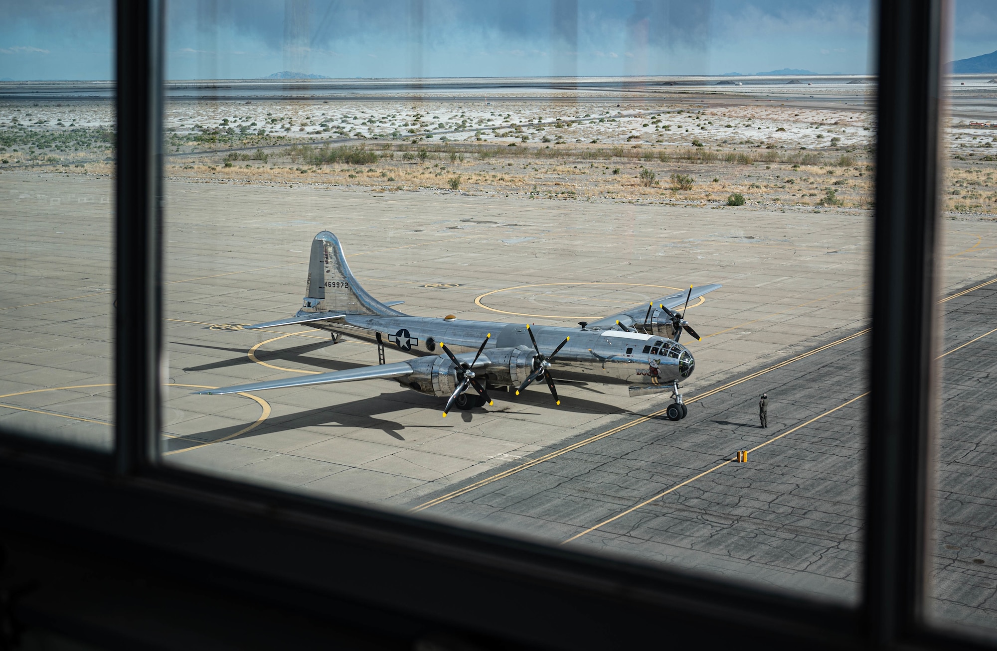 A retired U.S. Army Air Force B-29 Superfortress arrives at Wendover Airfeld, Utah, for a heritage event, May 9, 2022. The B-29 was assigned to the 393rd group under the 509th Composite Group during World War II, stationed at Wendover Air Force Base.