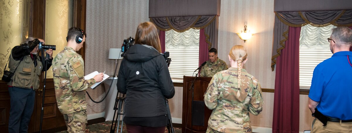 Col. Raymond Smith, Jr., 445th Airlift Wing commander, responds to questions during a mock press conference, May 5, 2022, at Wright-Patterson Air Force Base, Ohio.