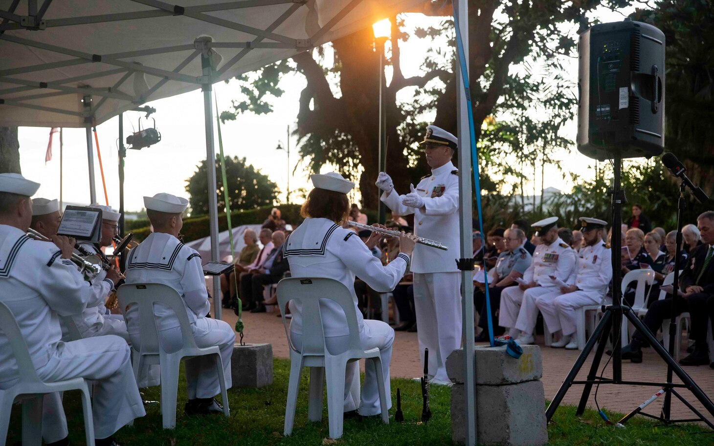 220502-N-VD554-1014 TOWNSVILLE, Australia (May 2, 2022) – Members of the U.S. 7th Fleet Band perform during a battle of Coral Sea commemoration ceremony in Townsville, Australia. Under Commander, U.S. Pacific Fleet, 7th Fleet is the U.S. Navy's largest forward-deployed numbered fleet, and routinely interacts and operates with 35 maritime nations in preserving a free and open Indo-Pacific region. (U.S. Navy photo by Mass Communication Specialist 2nd Class Aron Montano)