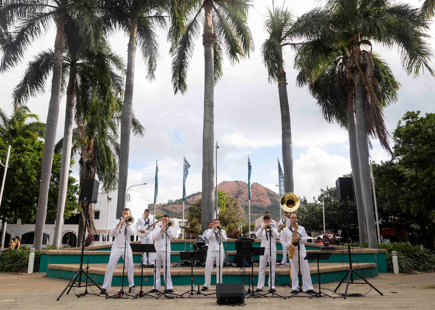 220502-N-VD554-2023 TOWNSVILLE, Australia (May 2, 2022) – Members of the U.S. 7th Fleet Band perform at Gregory Street Amphitheater in Townsville, Australia. Under Commander, U.S. Pacific Fleet, 7th Fleet is the U.S. Navy's largest forward-deployed numbered fleet, and routinely interacts and operates with 35 maritime nations in preserving a free and open Indo-Pacific region. (U.S. Navy photo by Mass Communication Specialist 2nd Class Aron Montano)