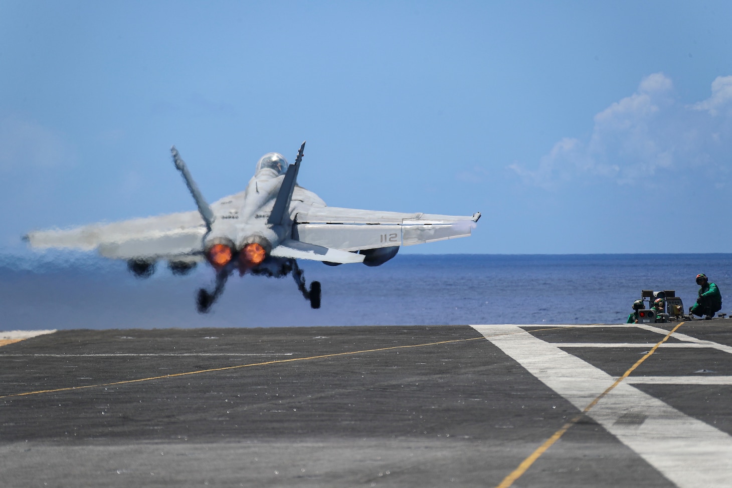 PHILIPPINE SEA (May 9, 2022) An F/A-18F Super Hornet, assigned to the "Black Aces" of Strike Fighter Squadron (VFA) 41, launches from the flight deck of the Nimitz-class aircraft carrier USS Abraham Lincoln (CVN 72). Long range maritime strikes capabilities such as these allow the U.S. Navy to find, fix, and target well beyond typical organic sensor capabilities across the Indo-Pacific. This capability, among others, serves as a deterrent to aggressive or malign actors and supports a free and open Indo-Pacific. (U.S. Navy photo by Mass Communication Specialist 3rd Class Javier Reyes)