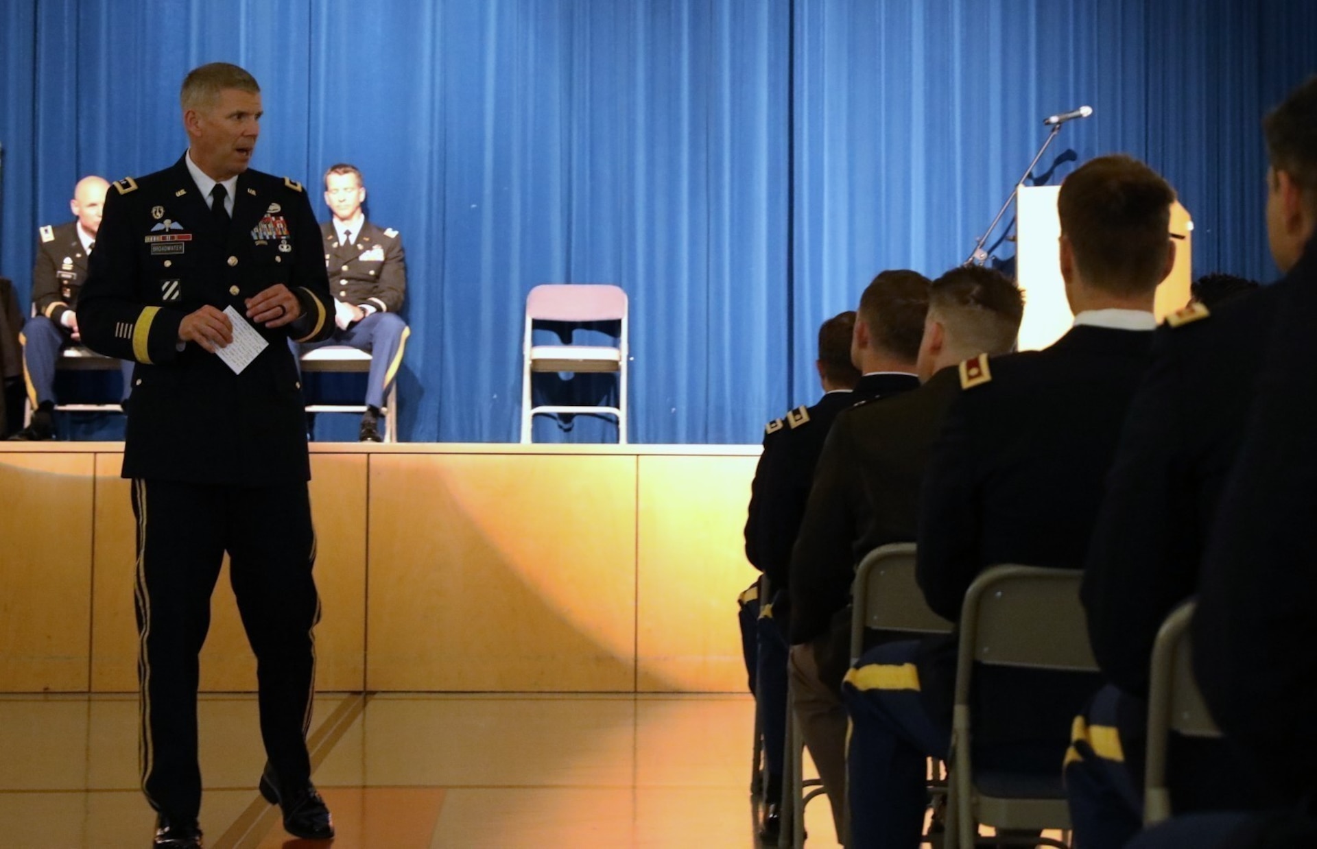 Maj. Gen. Jeff Broadwater provides remarks as the guest speaker at a commencement ceremony for Intermediate Level Education – Common Core class of 2022 hosted by the 7th Intermediate Level Education Detachment, 7th Mission Support Command in Grafenwoehr, Germany, May 6, 2022.   

The 7th ILE Detachment is the only Command and General Staff College in the European theater and provides education for EUCOM, AFRICOM, and CENTCOM and is one of two training facilities to host international students.