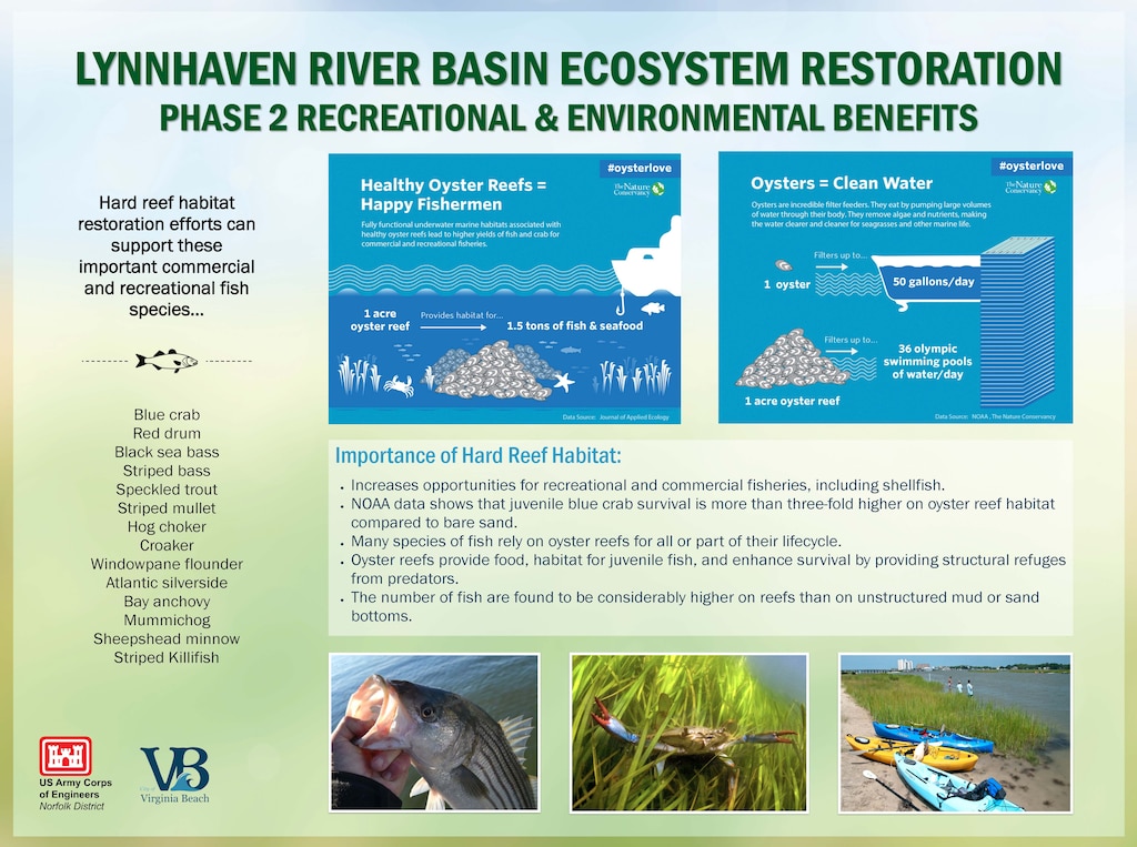 Storyboards for the Lynnhaven River Basin Ecosystem Restoration Project, Reef, Phase 2. Used for Spring 2022 public meeting.