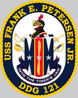 The official crest of USS Frank E. Petersen Jr. (DDG 121).