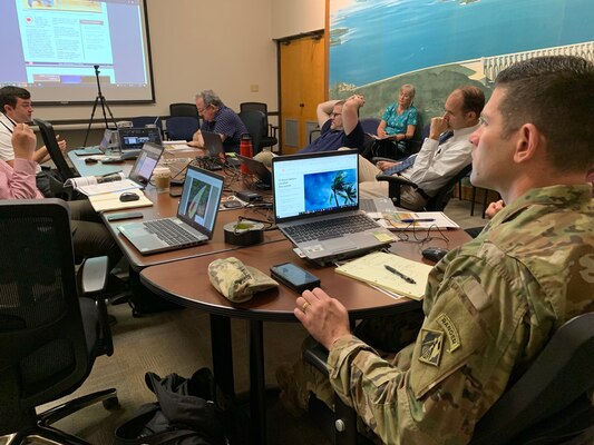 J. STROM THURMOND PROJECT - Maj. Alex Duffy, Savannah District deputy commander, leads a hurricane preparedness tabletop exercise at J. Strom Thurmond Dam, Georgia May 5. These types of exercises help staff sections within the U.S. Army Corps of Engineers plan around natural and man-made disasters. Corps staff reacted to a scenario based on Hurricane Michael, which struck the Florida panhandle, southeast Alabama, and southwest Georgia in 2018.