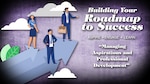 illustration with 3 business people standing on arrow shapes pointing upward towards clouds with text on the right side of the image.