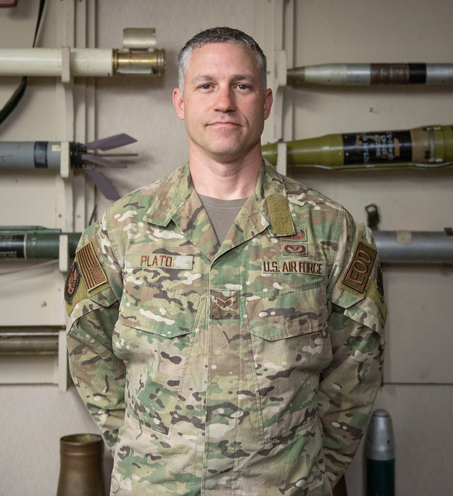 Senior Airman Joseph Plato, 4th Civil Engineer Squadron explosive ordnance disposal technician, poses for a photo at Seymour Johnson Air Force Base, North Carolina, April 8, 2022. Plato was highlighted as a positive representative of the U.S. Air Force. (U.S Air Force photo by Airman 1st Class Sabrina Fuller)
