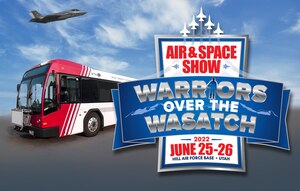 The Warriors Over the Wasatch Air and Space Show logo with an image of a UTA bus and F-35A in the background.