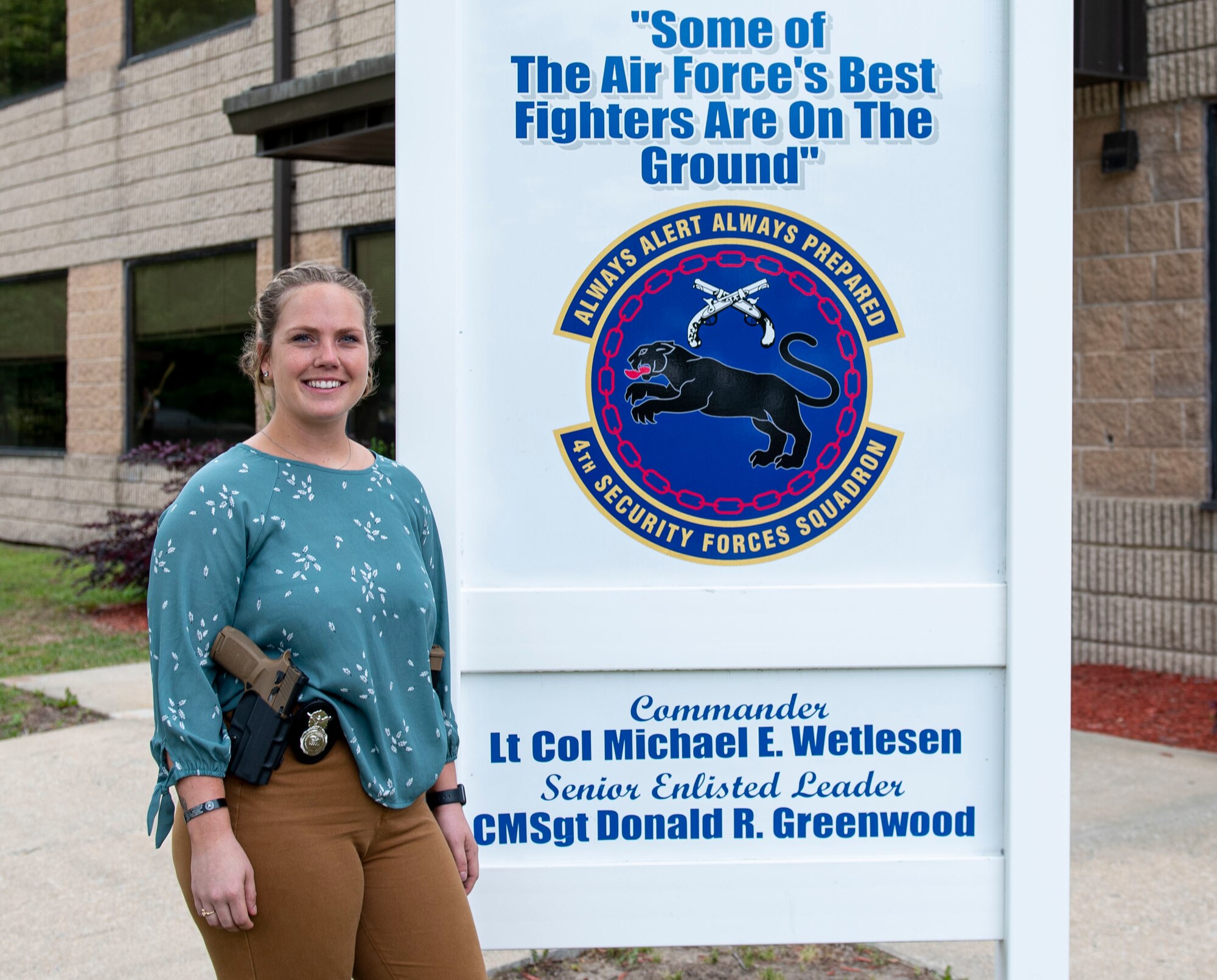 Staff Sgt. Madyson-Grace Lavender, 4th Security Forces Squadron security forces investigator, ensures proper investigations are done at Seymour Johnson Air Force Base, North Carolina, May 12, 2022. Lavender was interviewed about National Police Week, which is held during the week of May 15. (U.S. Air Force photo by Airman 1st Class Sabrina Fuller)