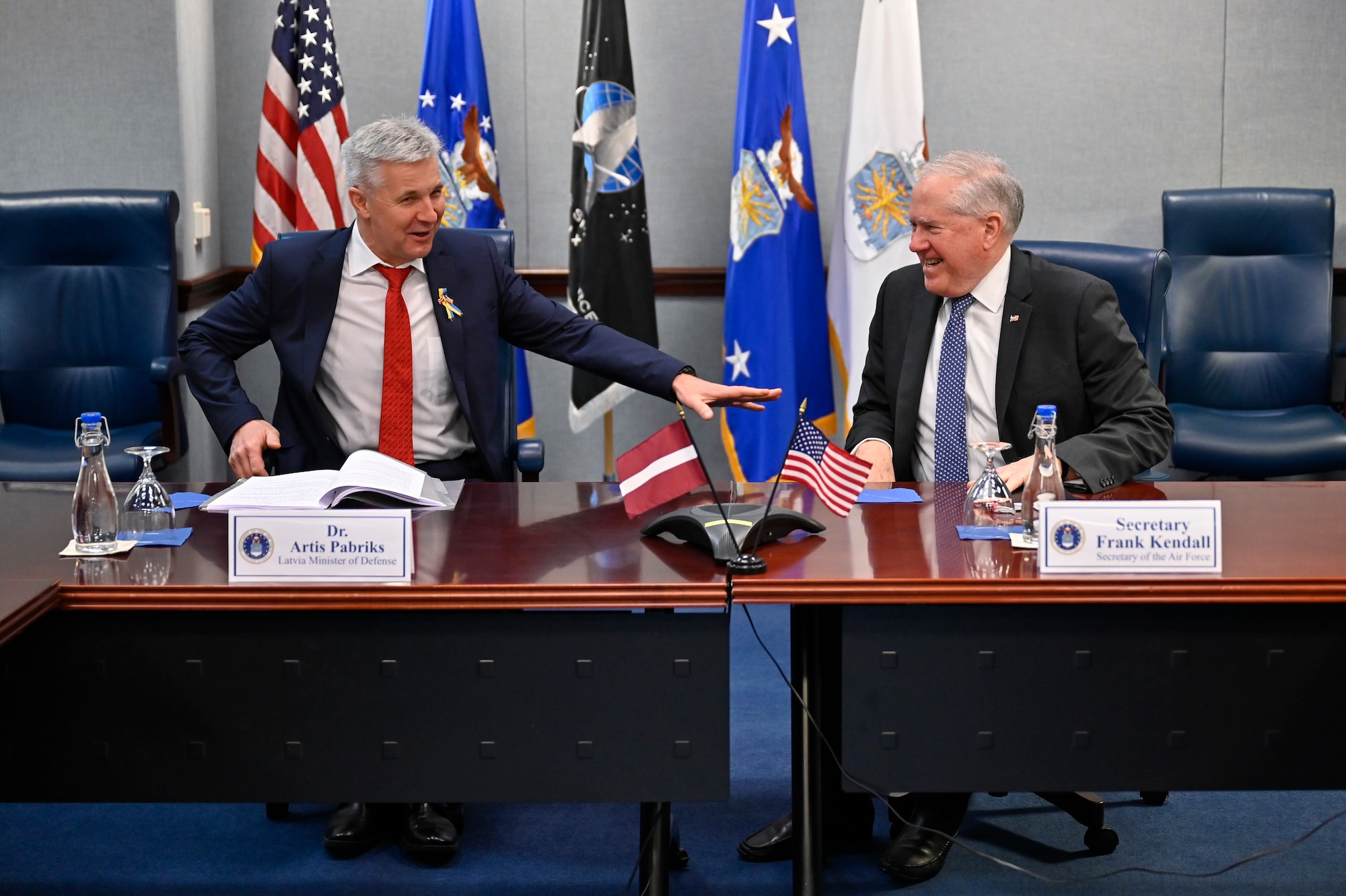 Dr. Artis Pabriks, minister of defense and deputy prime minister of Latvia, speaks with Secretary of the Air Force Frank Kendall during a meeting.