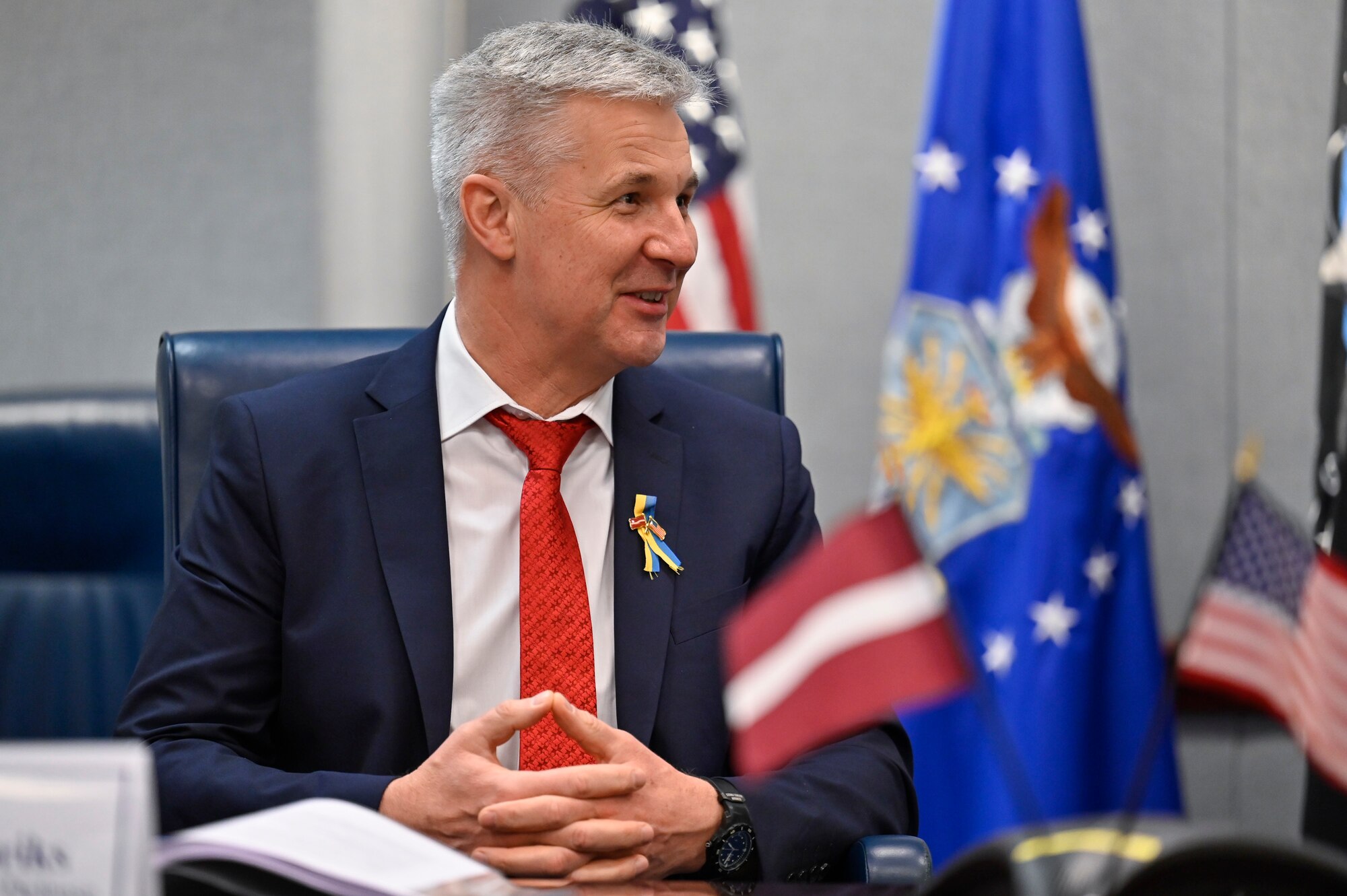 Dr. Artis Pabriks, minister of defense and deputy prime minister of Latvia, speaks with Secretary of the Air Force Frank Kendall during a meeting.