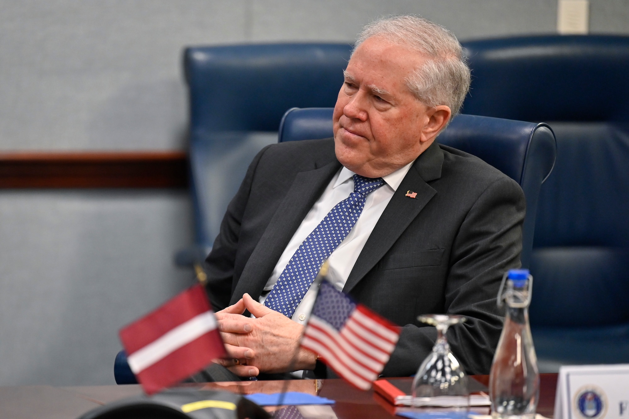Secretary of the Air Force Frank Kendall listens to Dr. Artis Pabriks, minister of defense and deputy prime minister of Latvia, during a meeting.