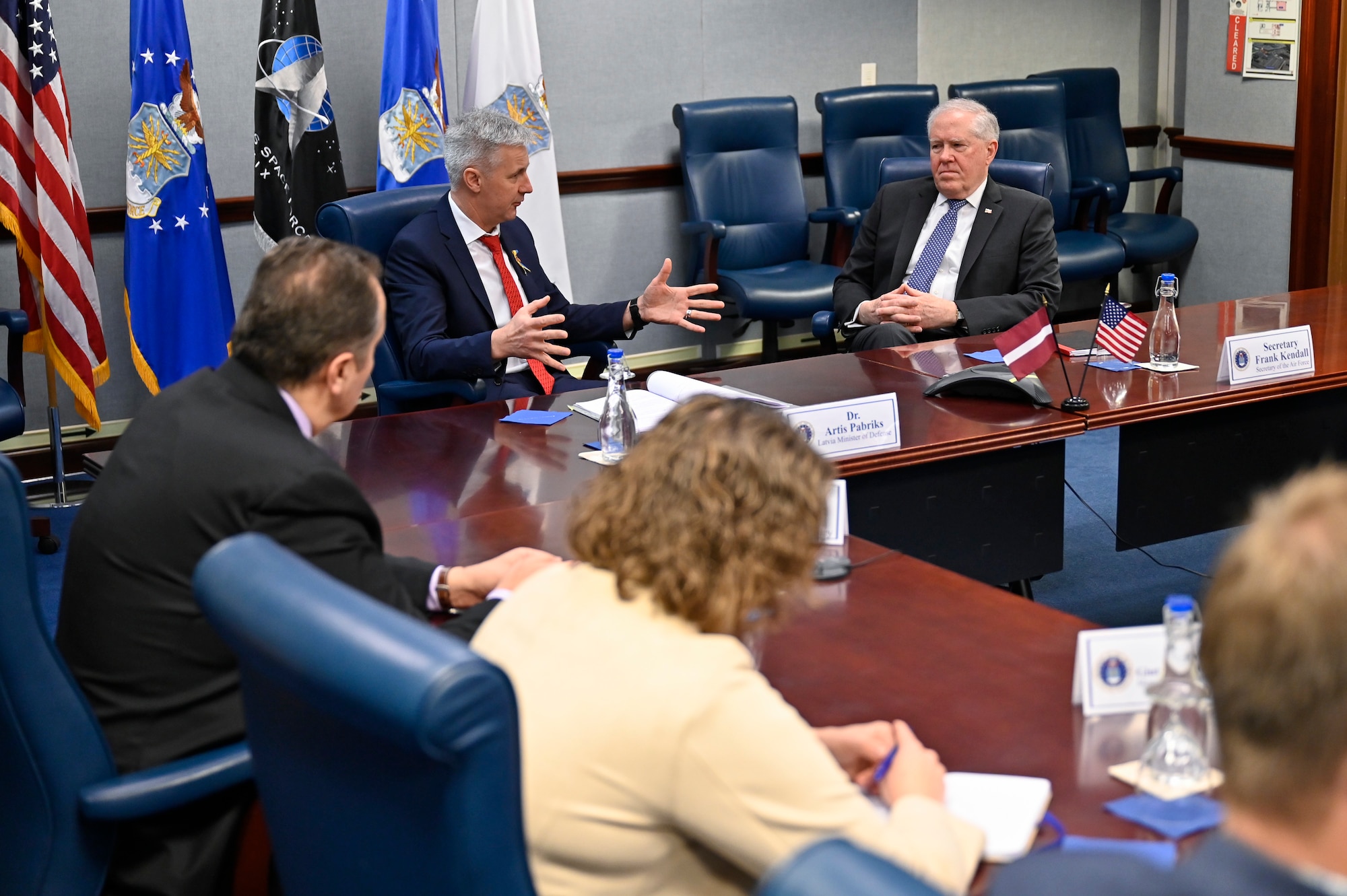 Dr. Artis Pabriks, minister of defense and deputy prime minister of Latvia, speaks with Secretary of the Air Force Frank Kendall during a meeting.