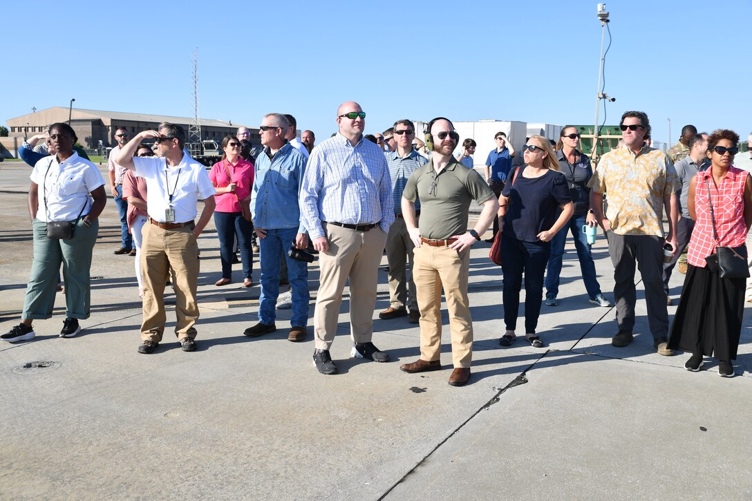 The Mobile District Leadership Development Program class watches the Checkered Flag Exercise at Tyndall Air Force Base, Florida, May 12, 2022. A unique aspect the LDP class learned on their trip to the Tyndall Area Office was the mission of U.S. Army Corps of Engineer’s partner in the rebuild, the U.S. Air Force. (U.S. Army photo by Chuck Walker)