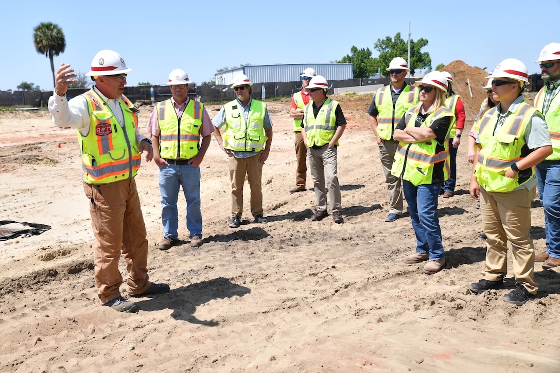 Bill Hawkins, Support Senior Resident engineer, speaks to the Mobile District’s Leadership Development Programs class about the current construction at the Child Development Center at Tyndall Air Force Base, Florida, May 11, 2022. The LDP class spent two days at the Tyndall Area Office learning about the complex mission of the office and learning their approach to leadership. (U.S. Army photo by Chuck Walker)