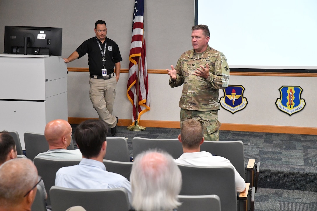 Col. Patrick Combs, Program Integration manager, briefs the Mobile District’s Leadership Development Program class on the installation mission and the purpose of the Checkered Flag Exercise at Tyndall Air Force Base, Florida, May 12, 2022. The LDP class learned many leadership tips from the Tyndall Area Office and Air Force leaders during their visit to the base. (U.S. Army photo by Chuck Walker)