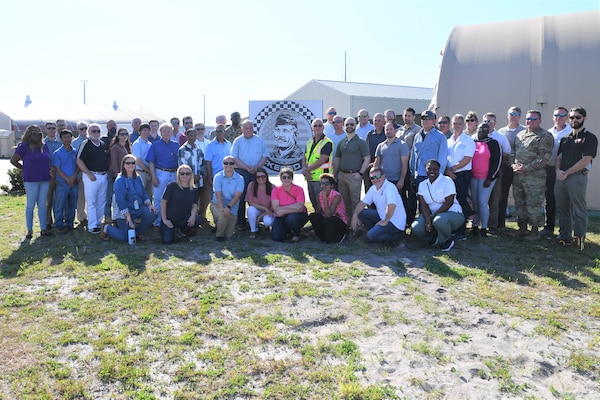 Members of the Mobile District’s Leadership Development Program class and leaders from the Tyndall Area Office pose for a group photo at Tyndall Air Force Base, Florida, on May 12, 2022. The LDP Class visited the Tyndall Area Office to learn about their unique mission for USACE and partnership with the U.S. Air Force as they rebuild the base. (U.S. Army photo by Chuck Walker)
