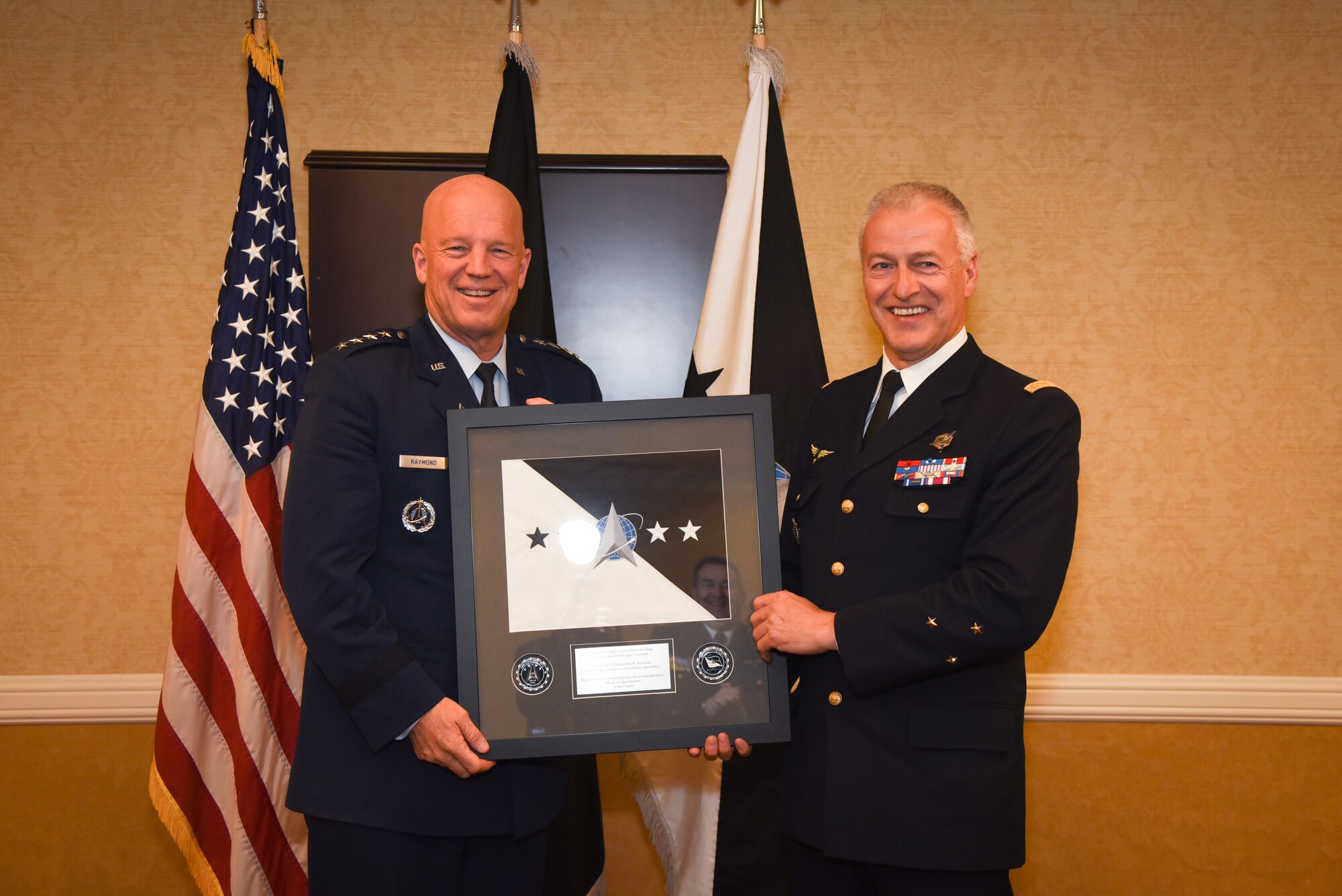 Chief of Space Operations Gen. John W. “Jay” Raymond, meets with France Gen. Stephane Mille and Maj. Gen. Michel Friedling.