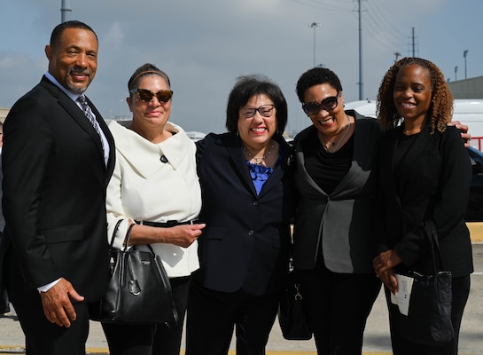 The Petersen family stands together moments before the commissioning of the Navy’s newest Arleigh Burke-class guided-missile destroyer USS Frank E. Petersen Jr. (DDG 121) in Charleston, S.C., May 14, 2022.