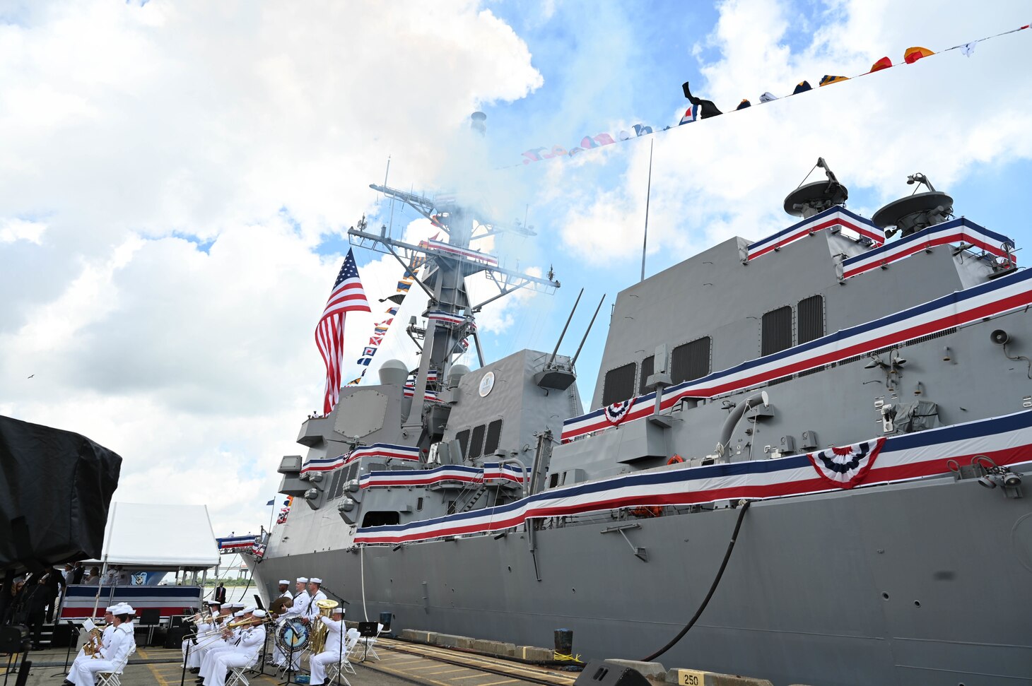 The Navy’s newest Arleigh Burke-class guided-missile destroyer USS Frank E. Petersen Jr. (DDG 121) awaits to be commissioned in Charleston, S.C., May 14, 2022.