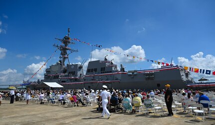 The Navy’s newest Arleigh Burke-class guided-missile destroyer USS Frank E. Petersen Jr. (DDG 121) awaits to be commissioned in Charleston, S.C., May 14, 2022.