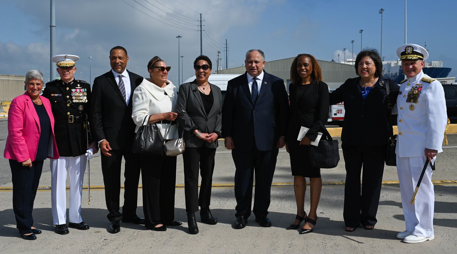 Distinguished guests stand together moments before the commissioning of the Navy’s newest Arleigh Burke-class guided-missile destroyer USS Frank E. Petersen Jr. (DDG 121) in Charleston, S.C., May 14, 2022.