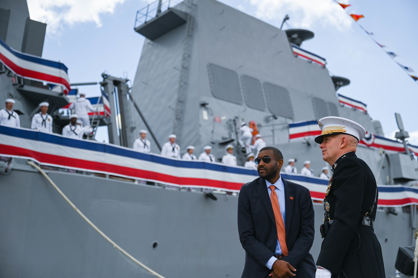 General David H. Berger, Commandant of the Marine Corps, looks at the Navy’s newest Arleigh Burke-class guided-missile destroyer USS Frank E. Petersen Jr. (DDG 121) during its commissioning in Charleston, S.C., May 14, 2022.