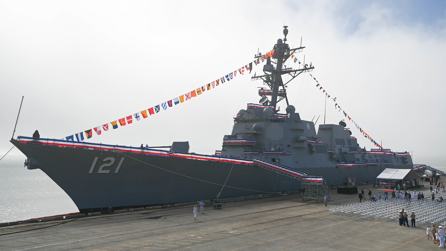 he Navy’s newest Arleigh Burke-class guided-missile destroyer USS Frank E. Petersen Jr. (DDG 121) awaits to be commissioned in Charleston, S.C., May 14, 2022.