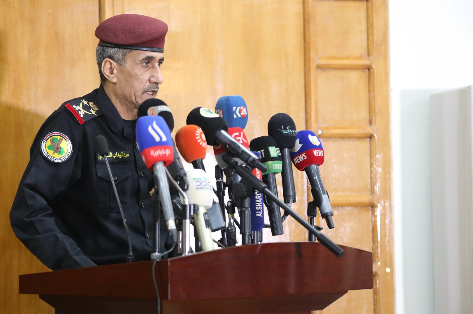 Staff Gen. Abdel Wahab al-Saadi, head of the Iraqi Counter-Terrorism Service, speaks during a counter-terrorism conference May 9, 2022, in Baghdad, Iraq. The counter-terrorism conference brought together key leaders from the Iraqi Ministry of the Interior, Iraqi Ministry of Defense and the Kurdistan Regional Government Ministry of Peshmerga to discuss enhancing joint planning, coordination and collaboration between all counter-terrorism elements in support of the shared goal of defeating terrorism. (U.S. Army photo by Staff Sgt. Bree-Ann Ramos-Clifton)