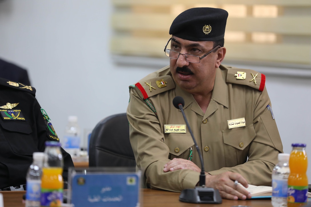 Maj. Gen. Saad Na’eem Abdullah, the Iraqi Army director of the Planning and Training Board, makes a comment following a brief during a counter-terrorism conference May 9, 2022, in Baghdad, Iraq. The counter-terrorism conference brought together key leaders from the Iraqi Ministry of the Interior, Iraqi Ministry of Defense and the Kurdistan Regional Government Ministry of Peshmerga to discuss enhancing joint planning, coordination and collaboration between all counter-terrorism elements in support of the shared goal of defeating terrorism. (U.S. Army photo by Staff Sgt. Bree-Ann Ramos-Clifton)