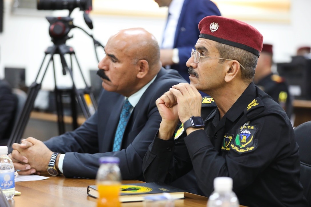 An Iraqi Counter-Terrorism Service soldier listens intently during a counter-terrorism conference May 9, 2022, in Baghdad, Iraq. The counter-terrorism conference brought together key leaders from the Iraqi Ministry of the Interior, Iraqi Ministry of Defense and the Kurdistan Regional Government Ministry of Peshmerga to discuss enhancing joint planning, coordination and collaboration between all counter-terrorism elements in support of the shared goal of defeating terrorism. (U.S. Army photo by Staff Sgt. Bree-Ann Ramos-Clifton)