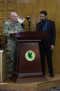 Brig. Gen. Isaac Peltier, the commander of Special Operations Combined Joint Task Force – Levant, briefs alongside an interpreter at a counter-terrorism conference May 9, 2022, in Baghdad, Iraq. The counter-terrorism conference brought together key leaders from the Iraqi Ministry of the Interior, Iraqi Ministry of Defense and the Kurdistan Regional Government Ministry of Peshmerga to discuss enhancing joint planning, coordination and collaboration between all counter-terrorism elements in support of the shared goal of defeating terrorism. Leaders from the U.S.-led Coalition to defeat Daesh participated in the event as part of their mission to advise, assist and enable Partner Forces to ensure the enduring defeat of Daesh. (U.S. Army photo by Staff Sgt. Bree-Ann Ramos-Clifton)