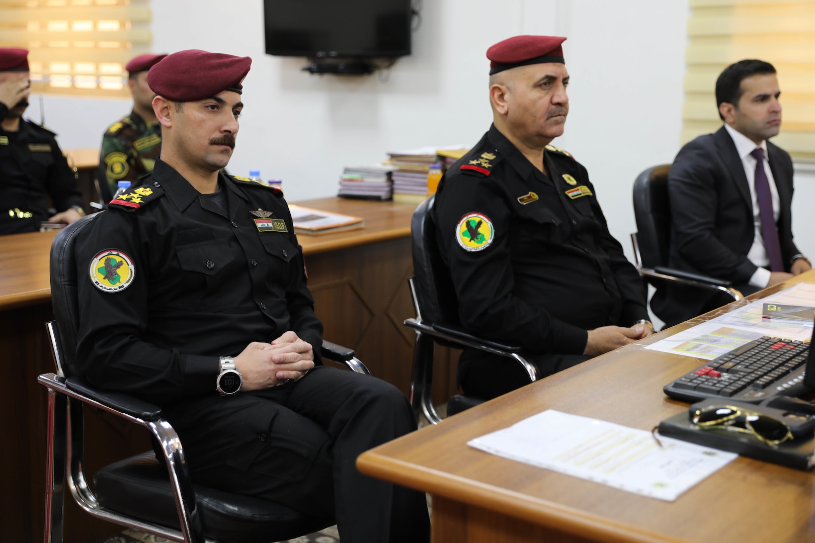 Iraqi Special Operations Forces soldiers listen intently during a counter-terrorism conference May 9, 2022, in Baghdad, Iraq. The counter-terrorism conference brought together key leaders from the Iraqi Ministry of the Interior, Iraqi Ministry of Defense and the Kurdistan Regional Government Ministry of Peshmerga to discuss enhancing joint planning, coordination and collaboration between all counter-terrorism elements in support of the shared goal of defeating terrorism. (U.S. Army photo by Staff Sgt. Bree-Ann Ramos-Clifton)