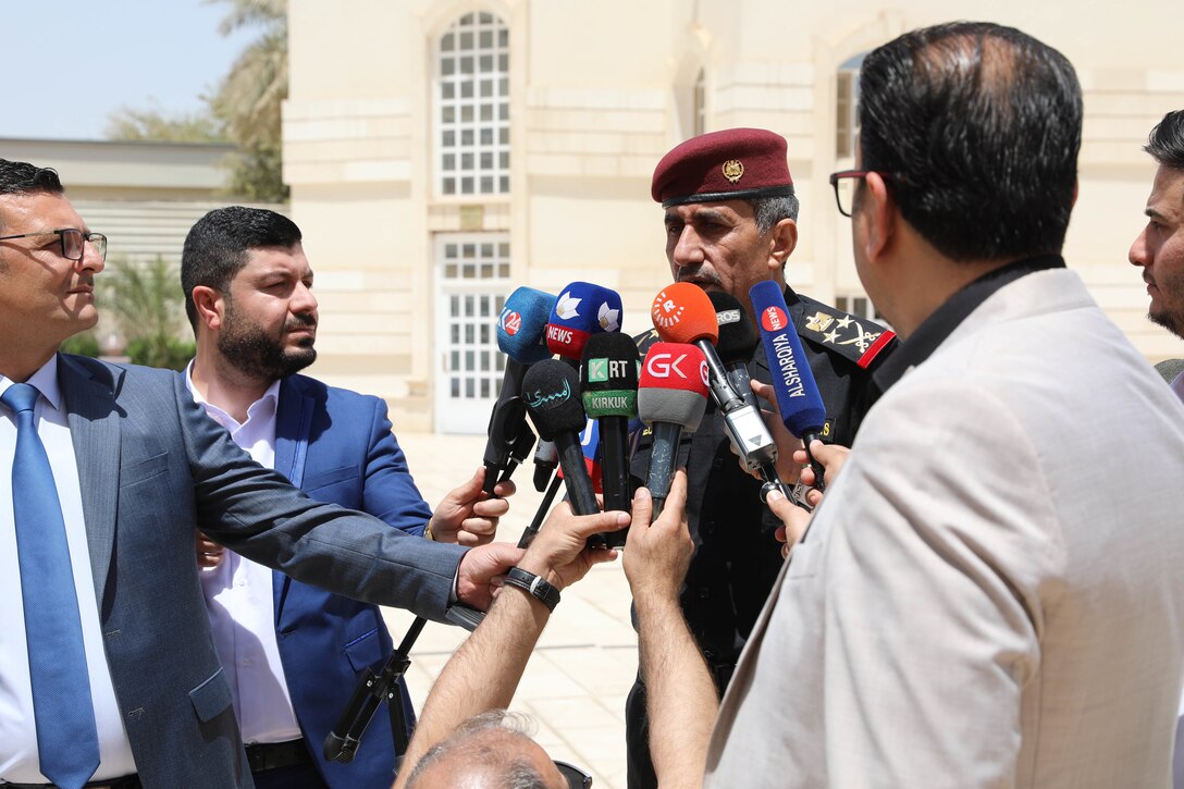 Staff Gen. Abdel Wahab al-Saadi, head of the Iraqi Counter-Terrorism Service, conducts a news interview following the conclusion of a counter-terrorism conference May 9, 2022, in Baghdad, Iraq. The counter-terrorism conference brought together key leaders from the Iraqi Ministry of the Interior, Iraqi Ministry of Defense and the Kurdistan Regional Government Ministry of Peshmerga to discuss enhancing joint planning, coordination and collaboration between all counter-terrorism elements in support of the shared goal of defeating terrorism. (U.S. Army photo by Staff Sgt. Bree-Ann Ramos-Clifton)