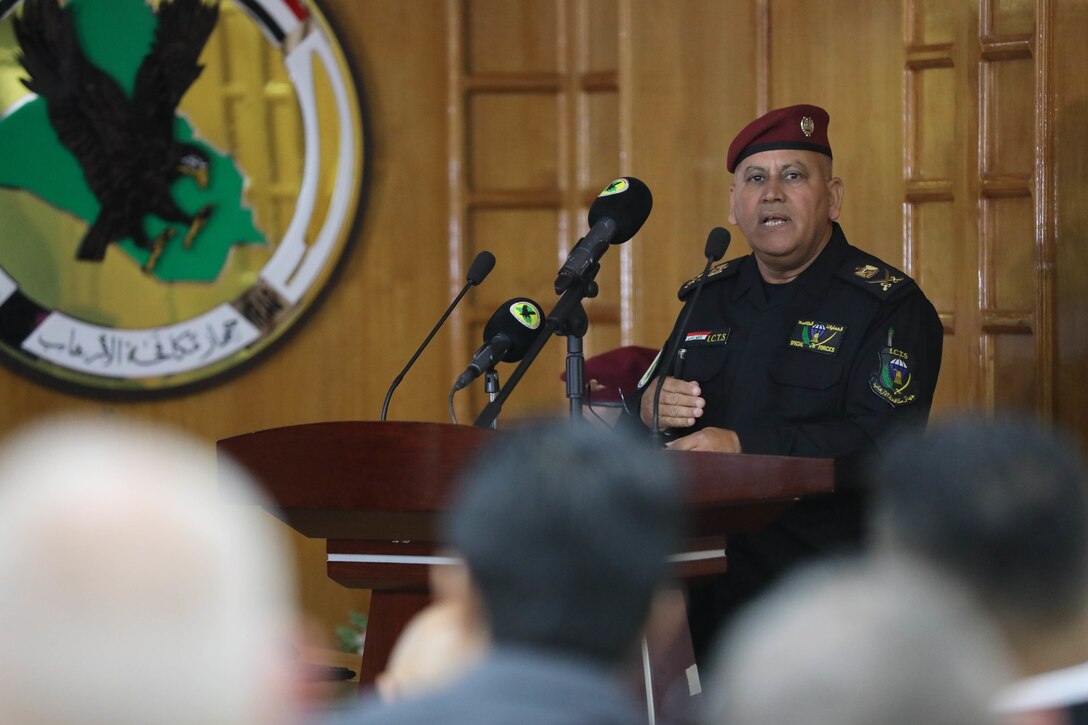 An Iraqi Counter Terrorism Service leader briefs during a counter-terrorism conference May 9, 2022, in Baghdad, Iraq. The counter-terrorism conference brought together key leaders from the Iraqi Ministry of the Interior, Iraqi Ministry of Defense and the Kurdistan Regional Government Ministry of Peshmerga to discuss enhancing joint planning, coordination and collaboration between all counter-terrorism elements in support of the shared goal of defeating terrorism. (U.S. Army photo by Staff Sgt. Bree-Ann Ramos-Clifton)