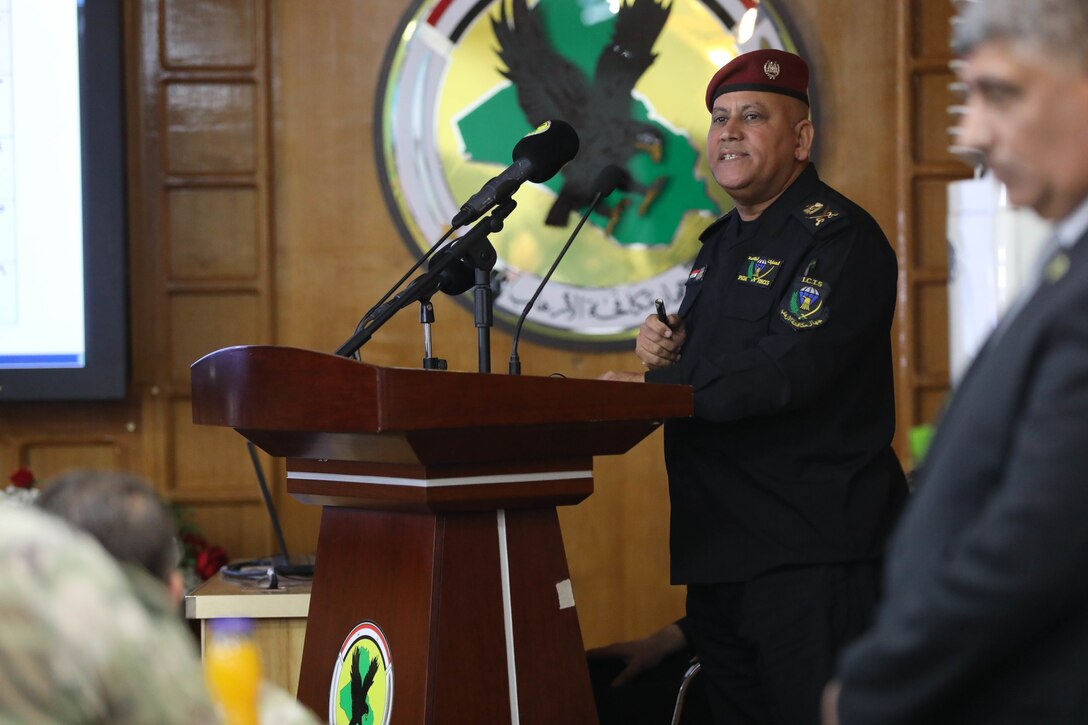 An Iraqi Counter Terrorism Service leader briefs during a counter-terrorism conference May 9, 2022, in Baghdad, Iraq. The counter-terrorism conference brought together key leaders from the Iraqi Ministry of the Interior, Iraqi Ministry of Defense and the Kurdistan Regional Government Ministry of Peshmerga to discuss enhancing joint planning, coordination and collaboration between all counter-terrorism elements in support of the shared goal of defeating terrorism. (U.S. Army photo by Staff Sgt. Bree-Ann Ramos-Clifton)