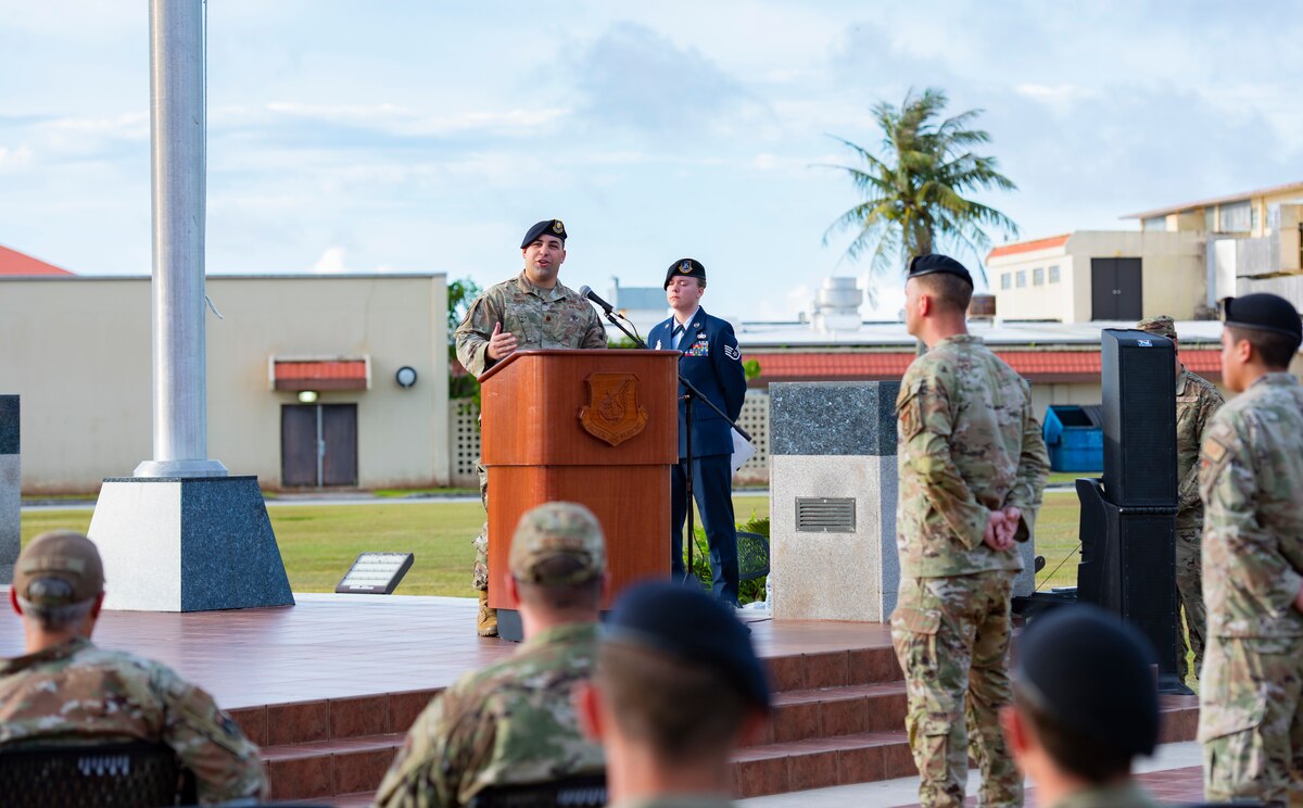 U.S. Air Force Maj. Dayne Foote, commander of the 36th Security Forces Squadron, presides over an opening memorial ceremony for National Police Week May 16, 2022, at Andersen Air Force Base, Guam. National Police Week offers honor, remembrance and peer support while allowing law enforcement survivors and citizens to gather and pay homage to those who gave their life in the line of duty. (U.S. Air Force Photo by Senior Airman Helena Owens)