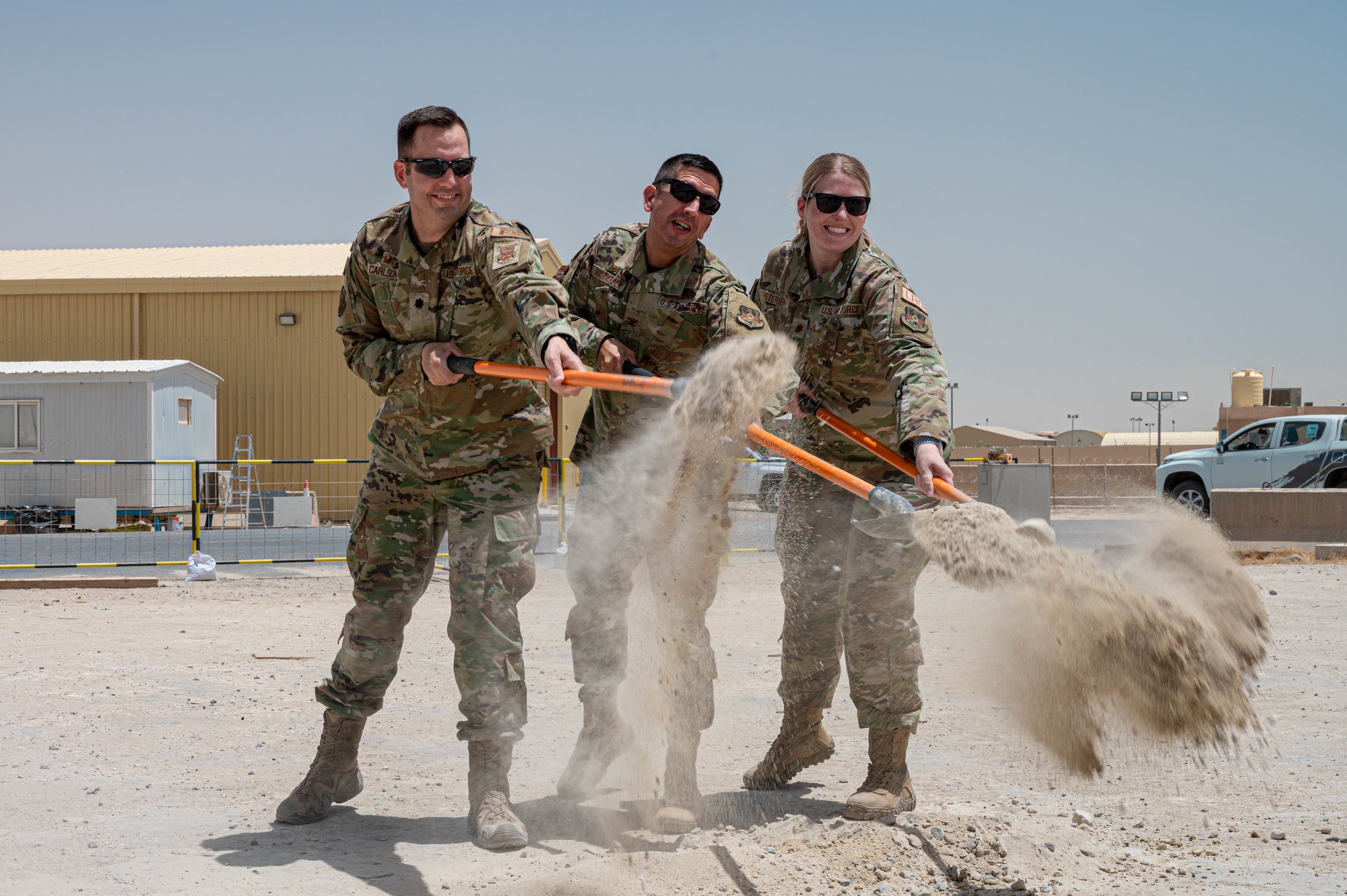 The 386 ELRS held a groundbreaking ceremony for the new aerial port administrative building, leadership gathered to commemorate the first day of construction. The new building will serve multiple functions as it will allow for a centralized location for its previously scattered personnel and a clean slate to allow for innovation at the front end.