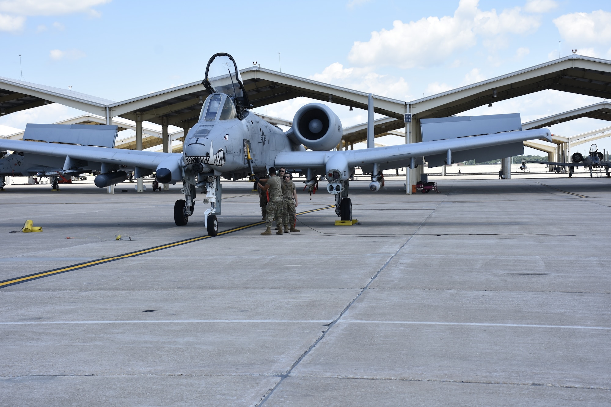 Maintainers from the 442d Maintenance Group conduct post-flight inspections on the A-10 Thunderbolt II