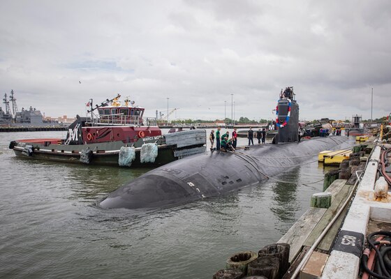 The Los Angeles-class fast-attack submarine USS Albany (SSN 753) moors pier side at Naval Station Norfolk, May 14, 2022.