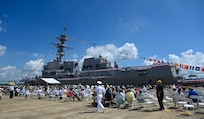 The USS Frank E. Petersen Jr. awaits to be commissioned in Charleston, S.C., May 14, 2022.
