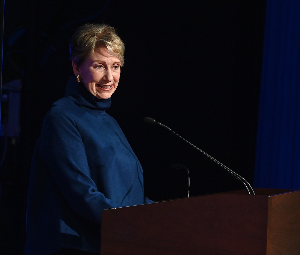 Former Secretary of the Air Force Barbara Barrett speaks at her portrait unveiling ceremony in the Pentagon, Arlington, Va., May 13, 2022. Barrett led the Department of the Air Force from 2019 to 2021. (U.S. Air Force photo by Andy Morataya)