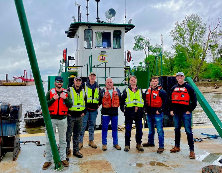 Final Inspection with Contractor – L to R: Brenan Story – Luhr Bros. Inc, Contractor, Preston Snyder – Memphis District River Engineering Team Leader, Cole Stonebrook – Memphis District River Engineering Technical Lead, Steve Southern – Memphis District Construction Control Inspector, WAO, Landon Mills – Memphis District River Engineering Designer, Chase Arnold – Memphis District, CAO Office Engineer, Wyatt Story – Luhr Bros. Inc, Contractor